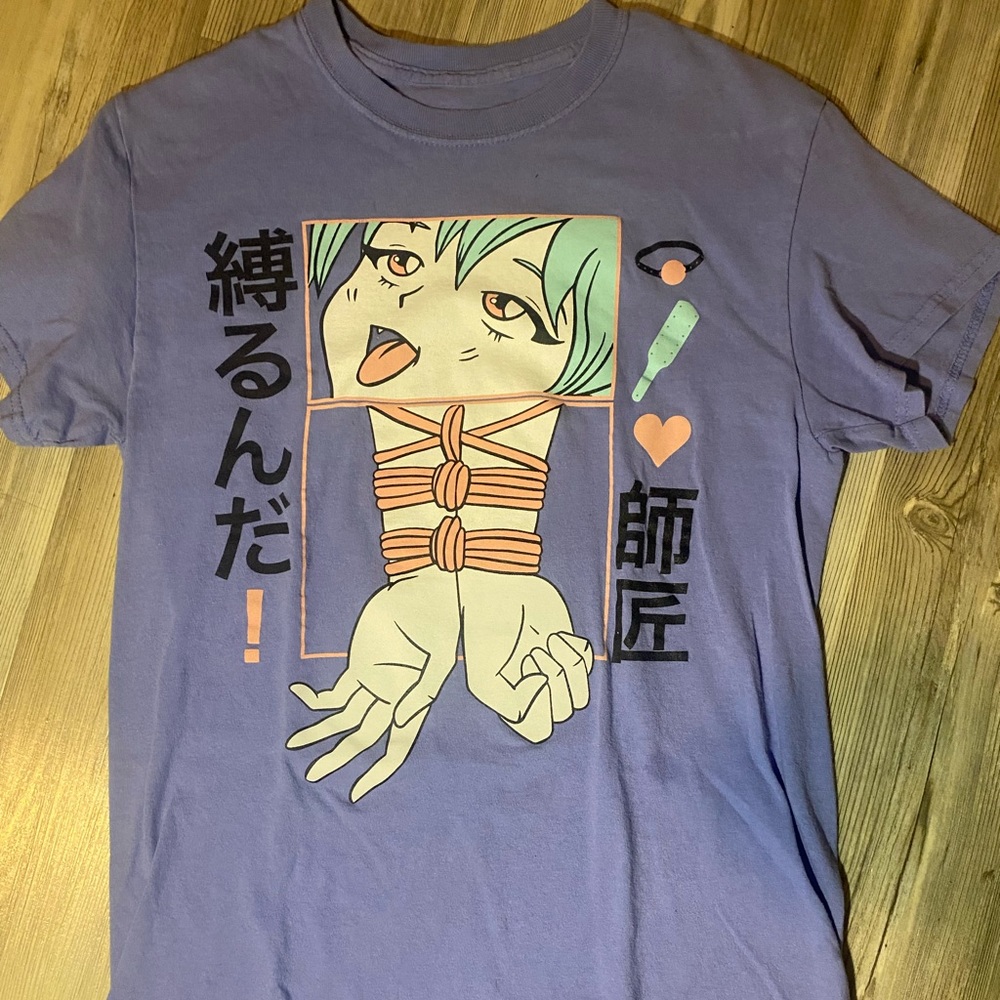 Blue anime short sleeve shirt, size small